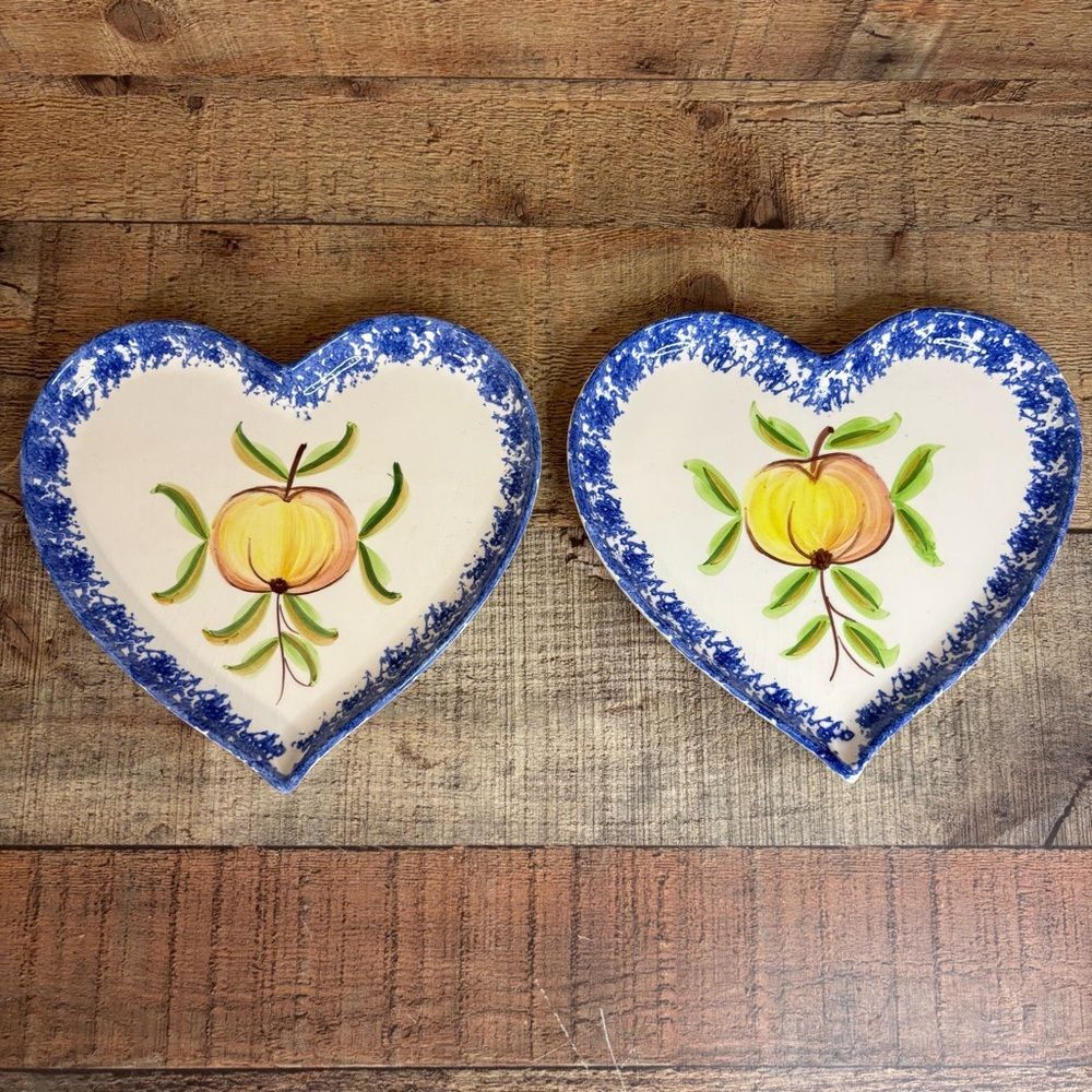 Set Of 2 Reading China Made In Portugal Heart Shaped Blue Platters Hand Painted